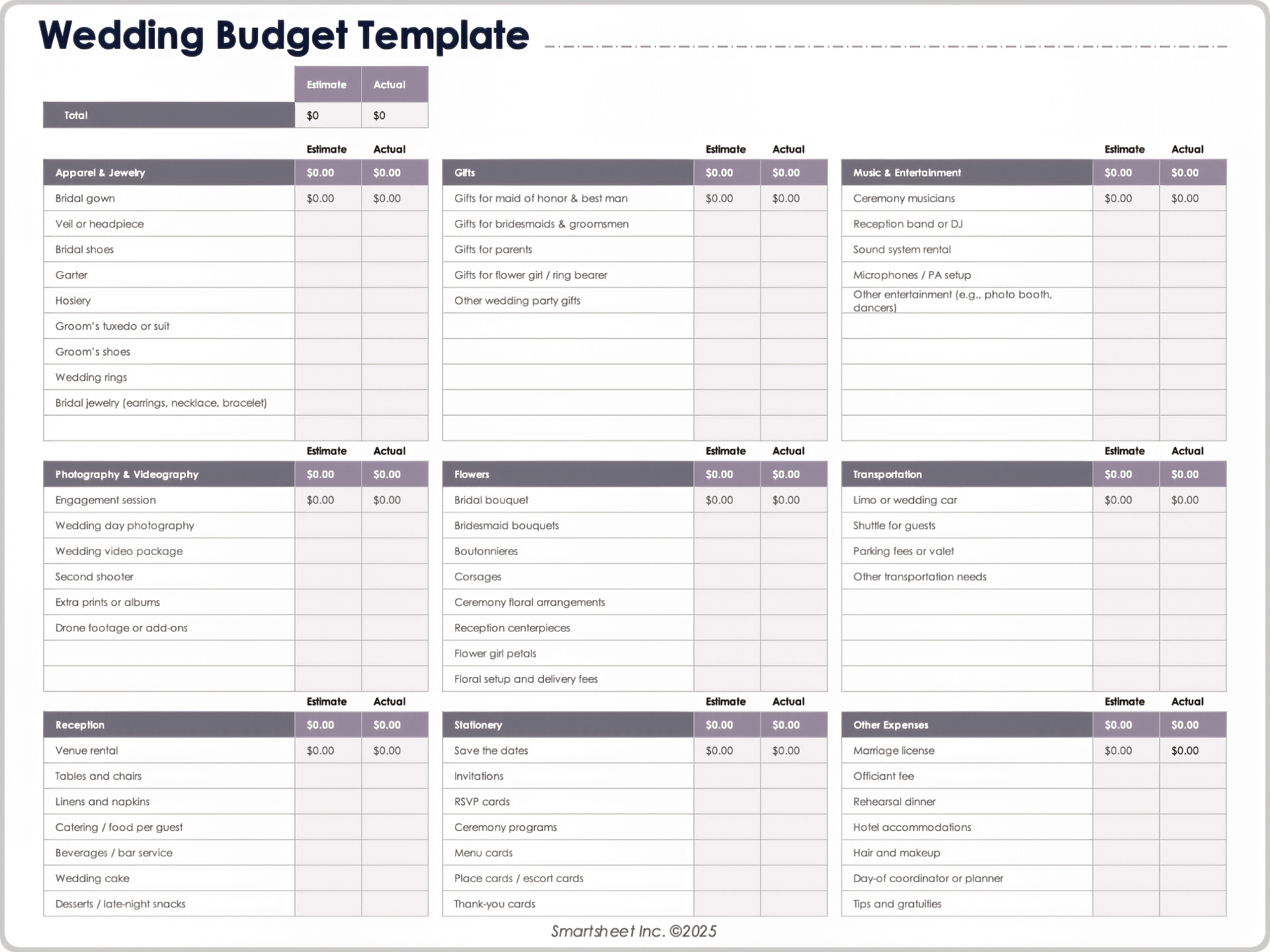 Modello di budget per matrimonio 9053