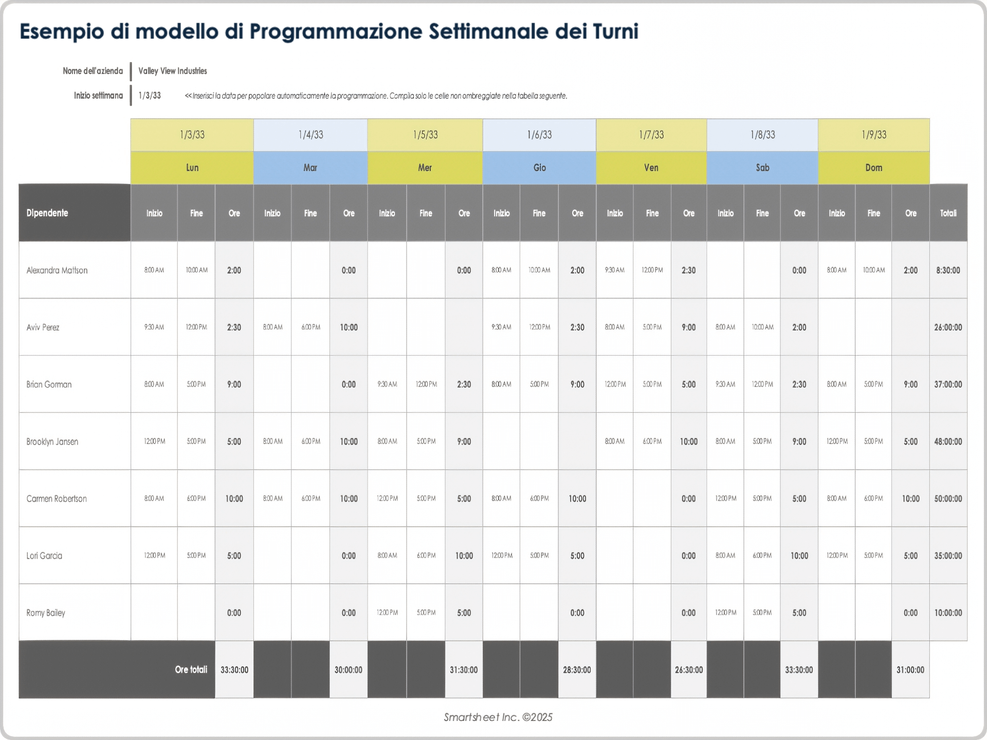 Modello di programmazione turni settimanale