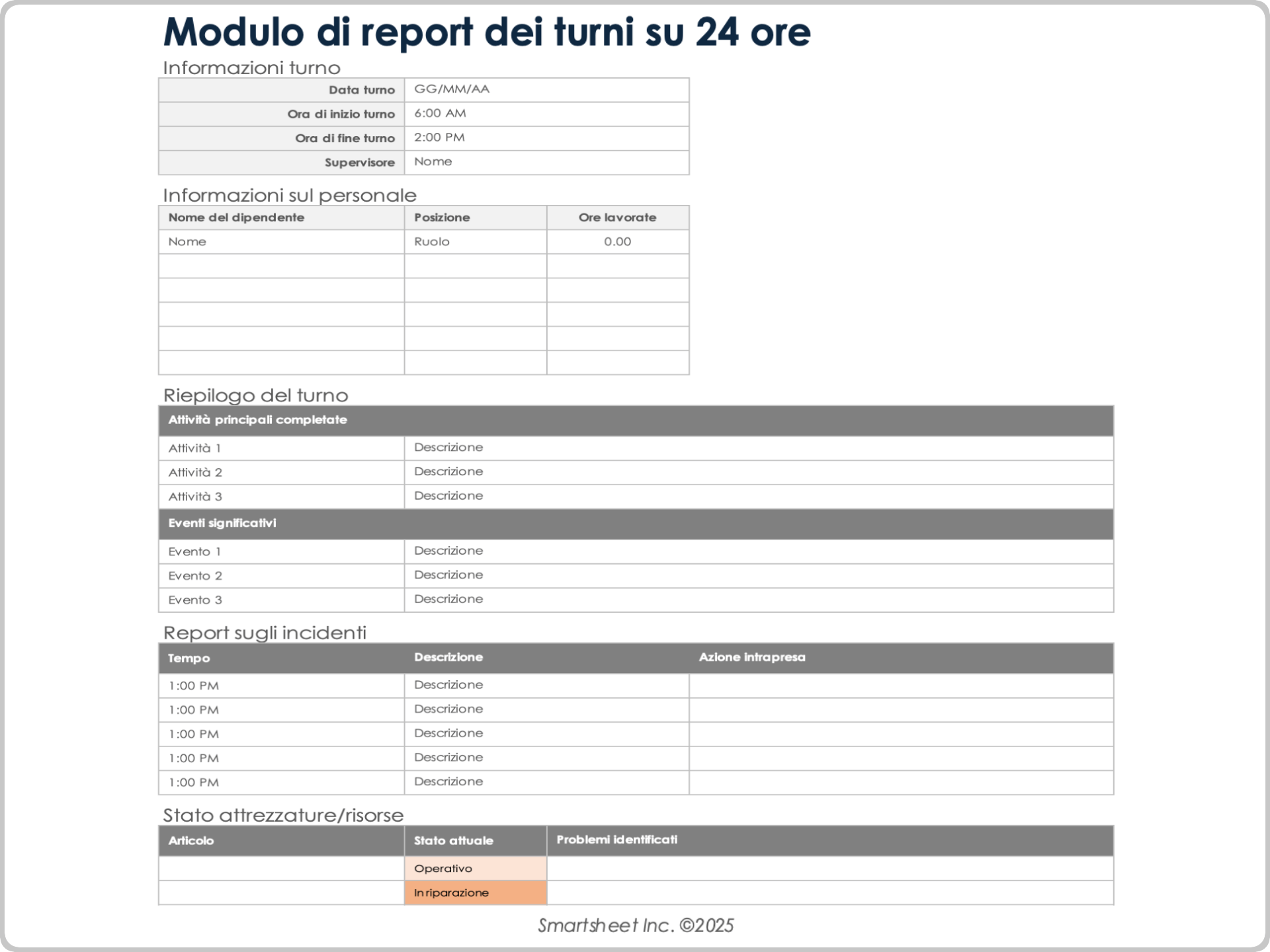 Modulo di report dei turni su 24 ore