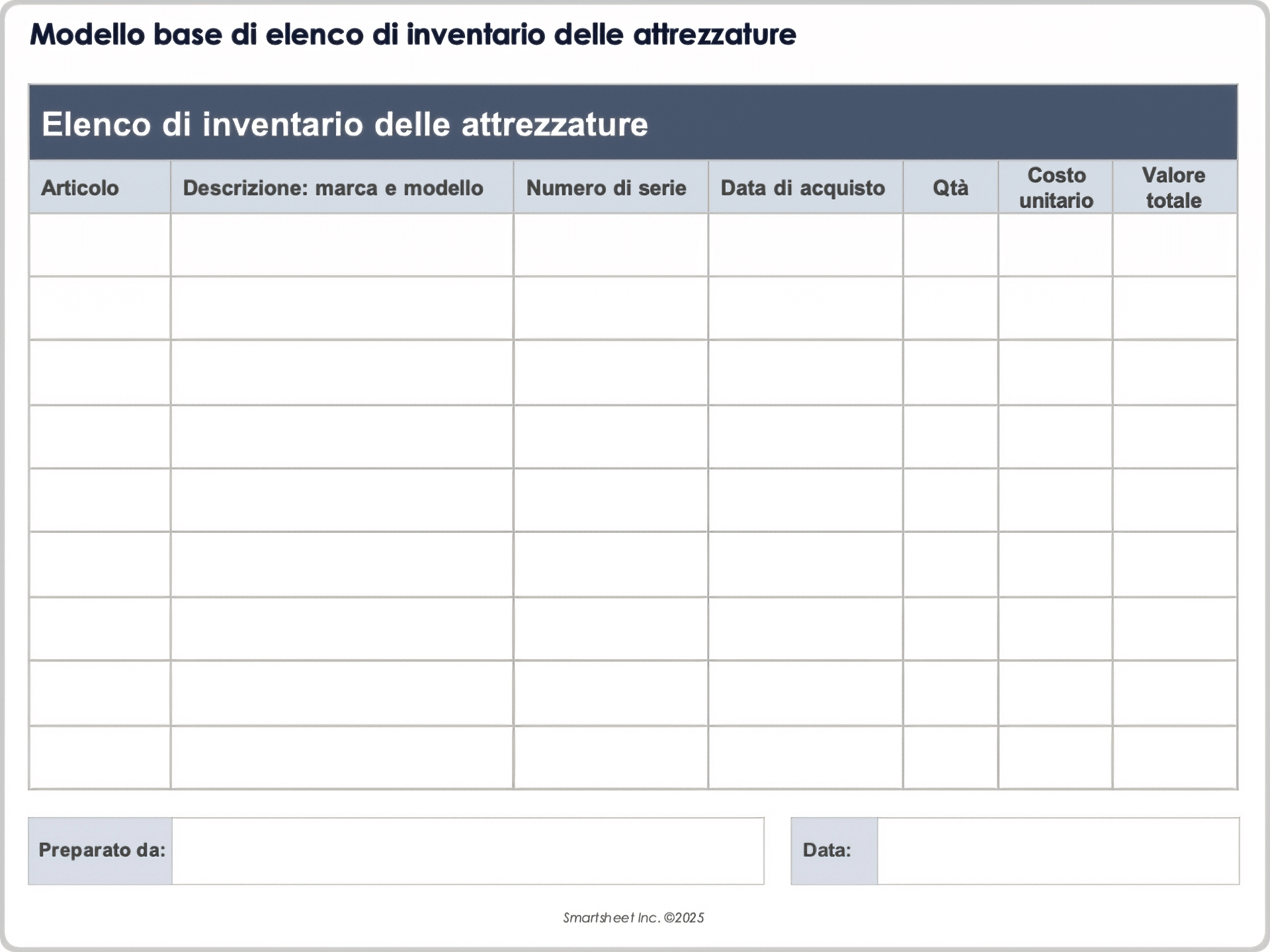 Modello base di elenco di inventario delle attrezzature