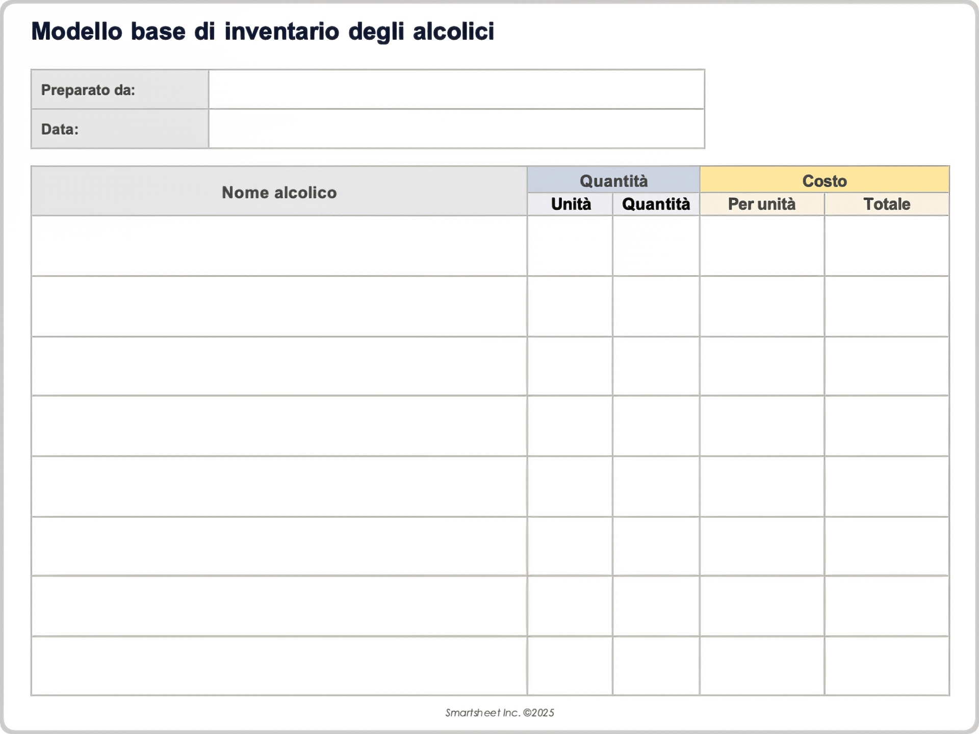 Modello base di inventario degli alcolici