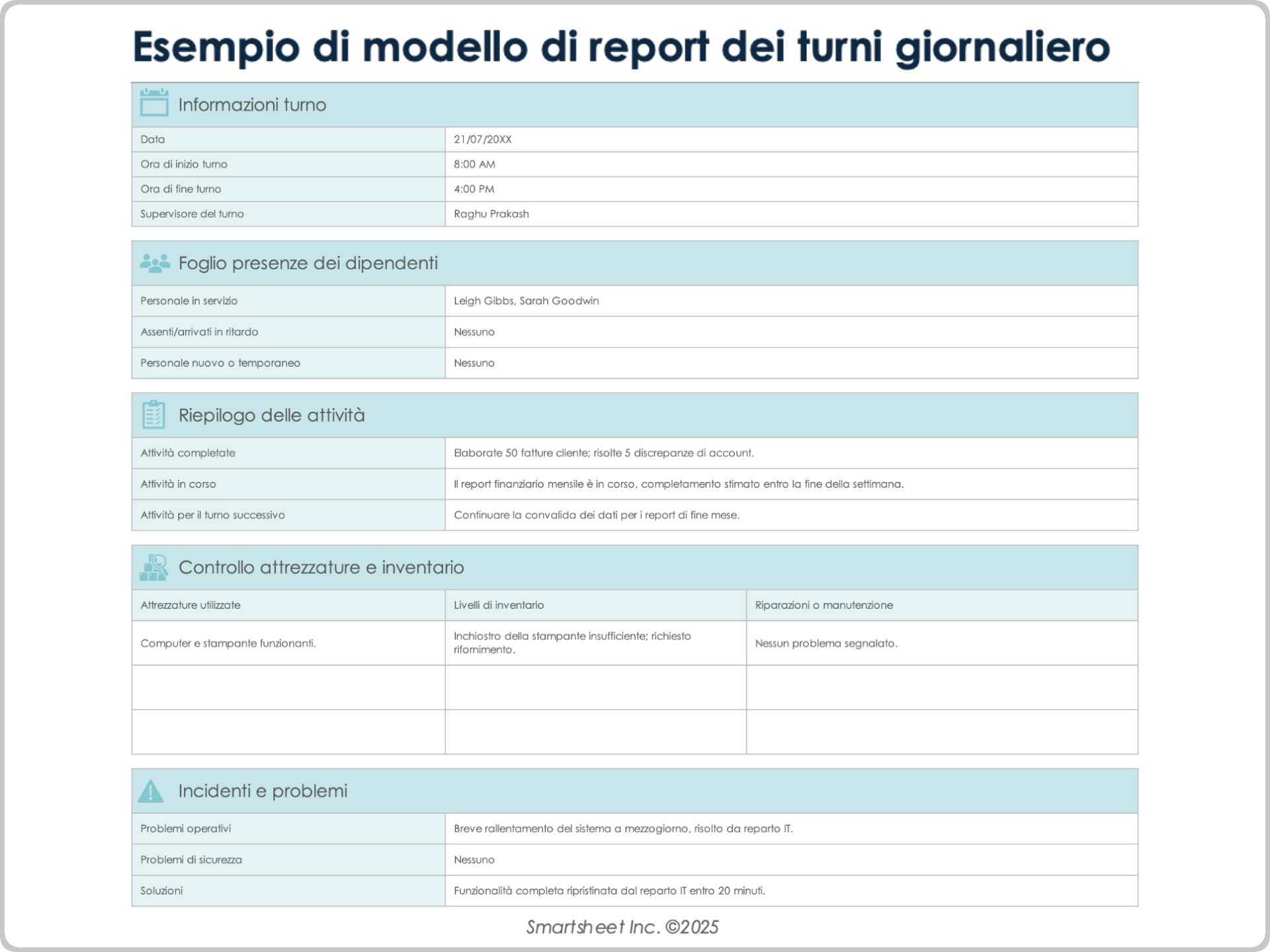 Modello di report dei turni giornaliero