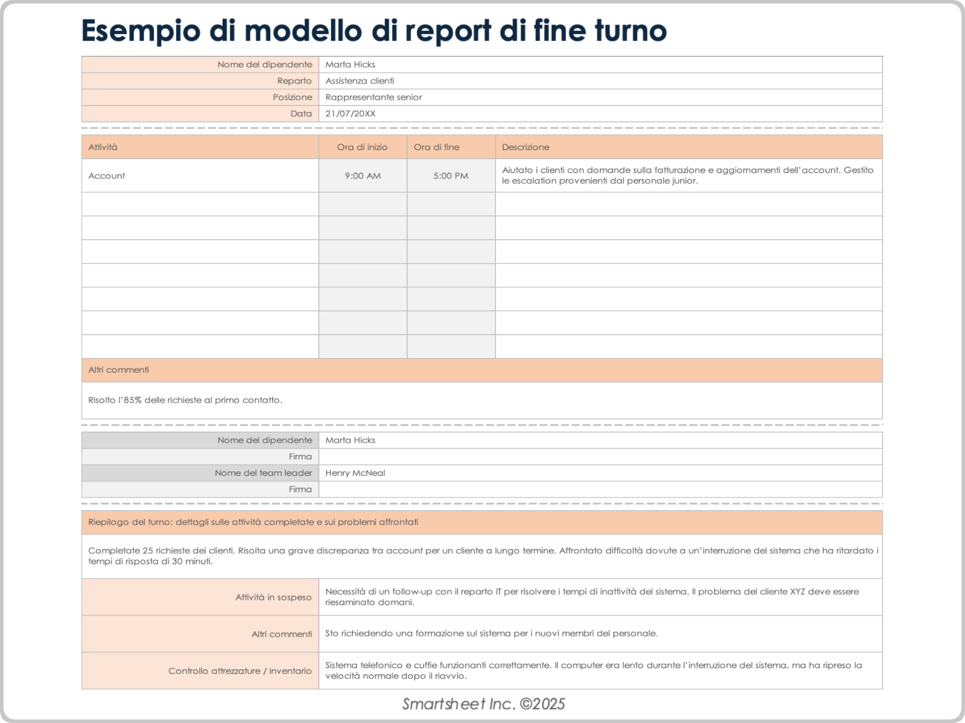 Modello di report di fine turno
