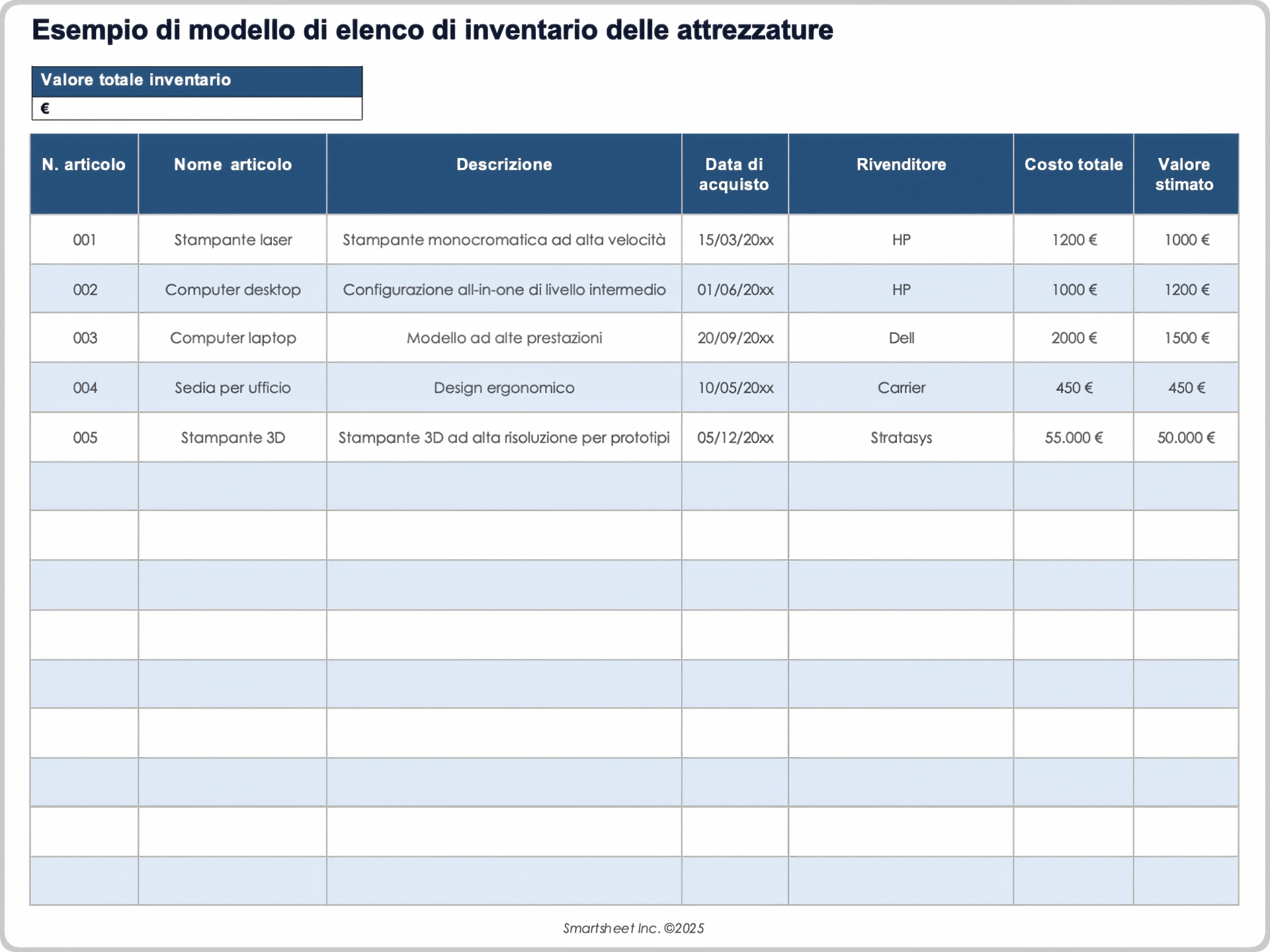 Modello di elenco di inventario delle attrezzature