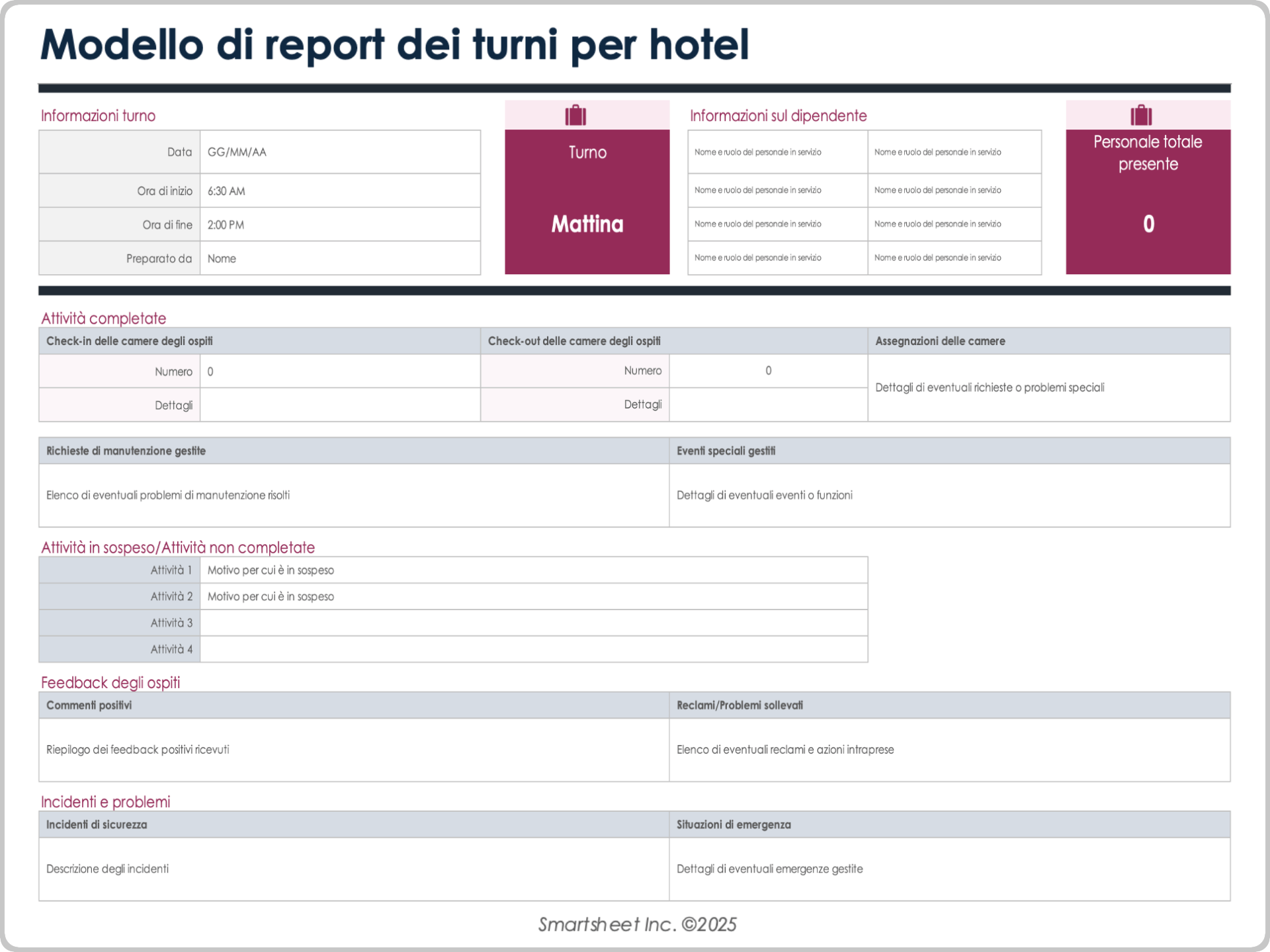 Modello di report dei turni per hotel