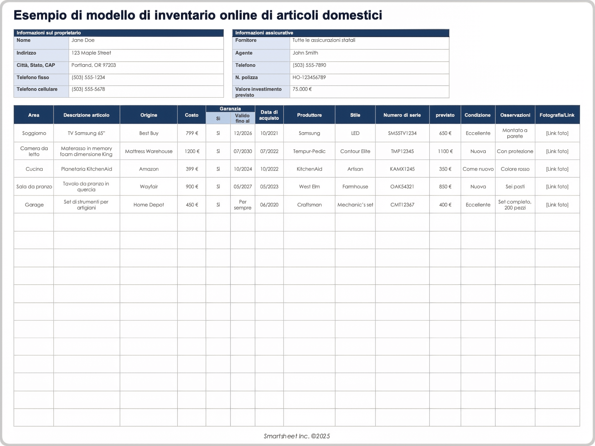 Modello di inventario online di articoli domestici