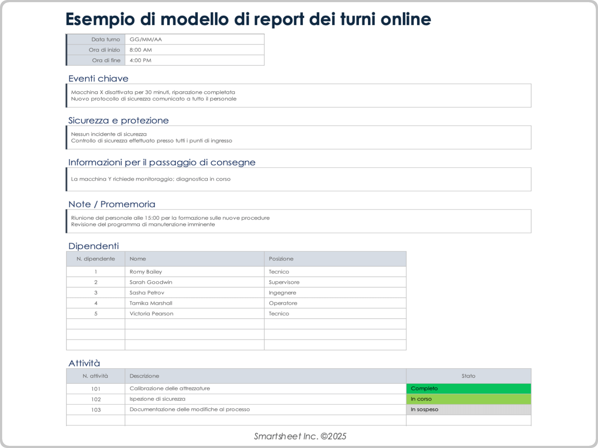 Modello online di report dei turni