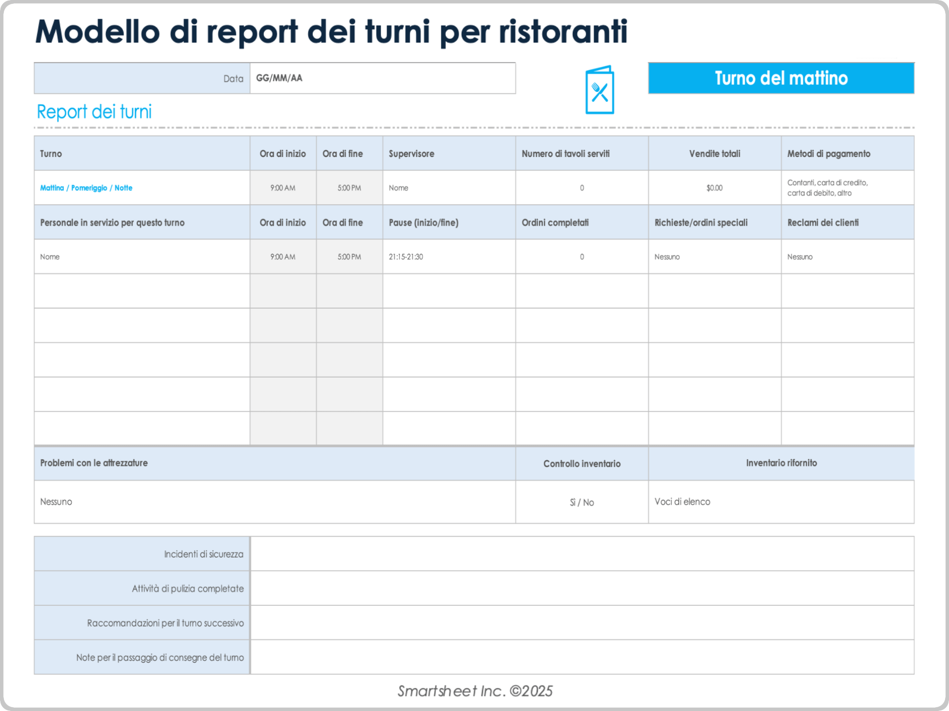 Modello di report dei turni per ristoranti