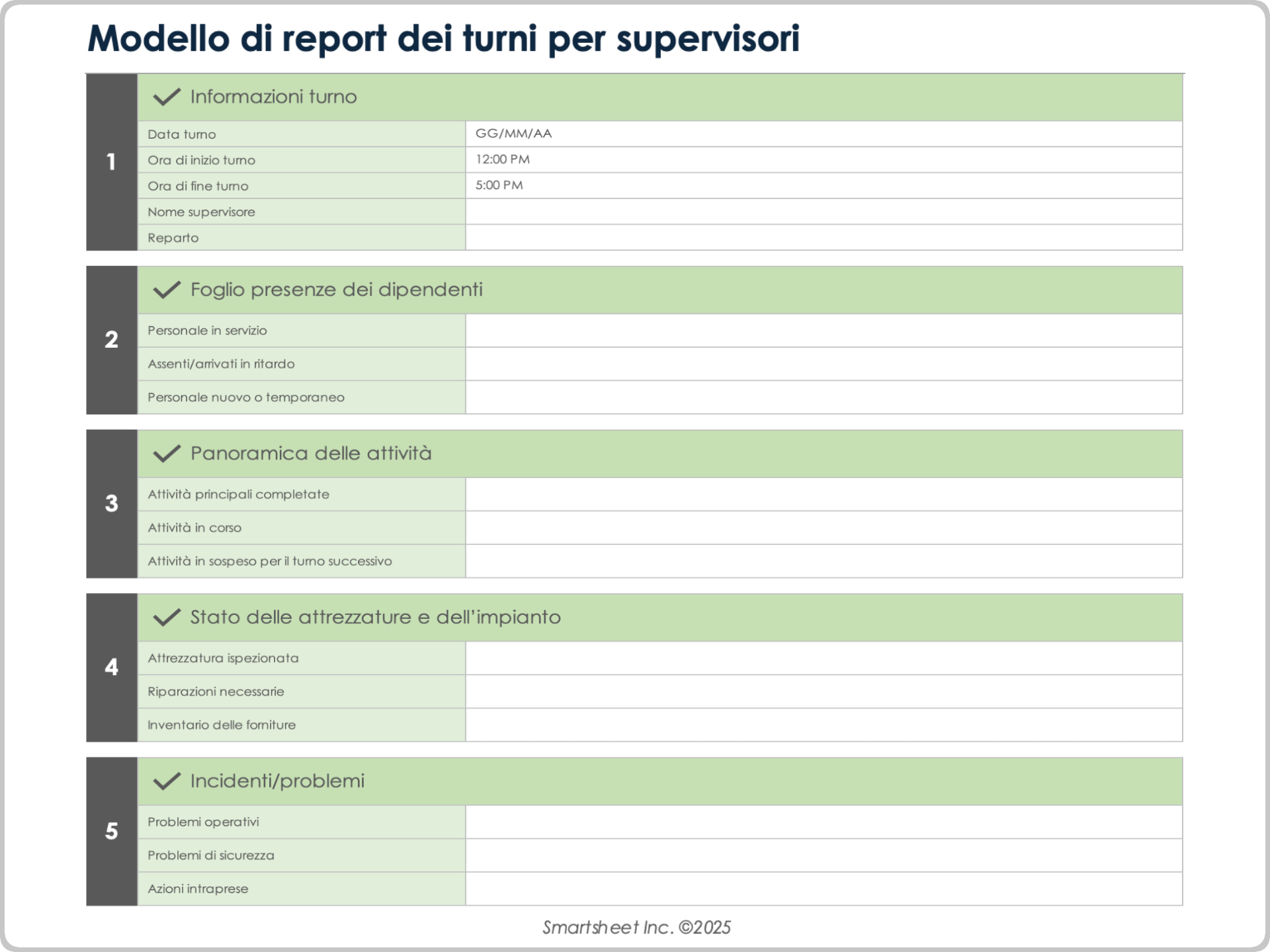 Modello di report dei turni per supervisori