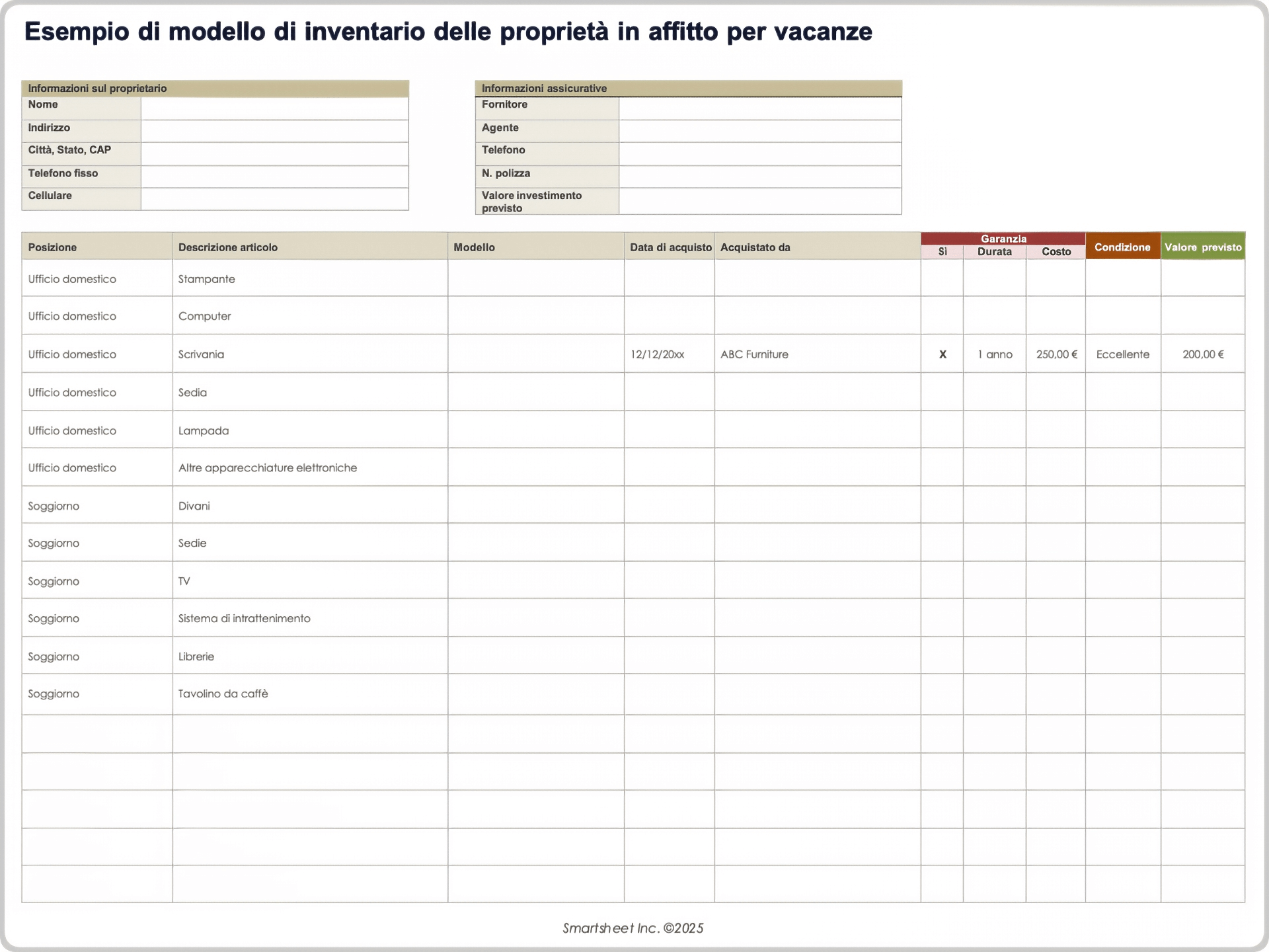 Modello di inventario delle proprietà in affitto per vacanze