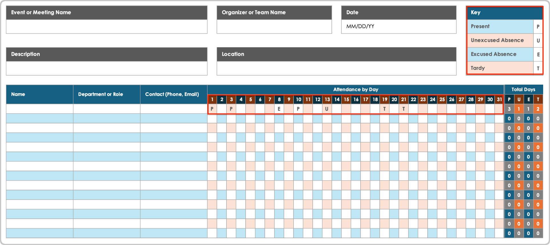 Modello di foglio di calcolo delle presenze mensili Track Daily