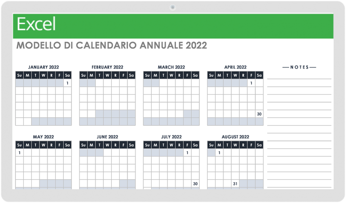 Calendario di 12 mesi per il modello 2022