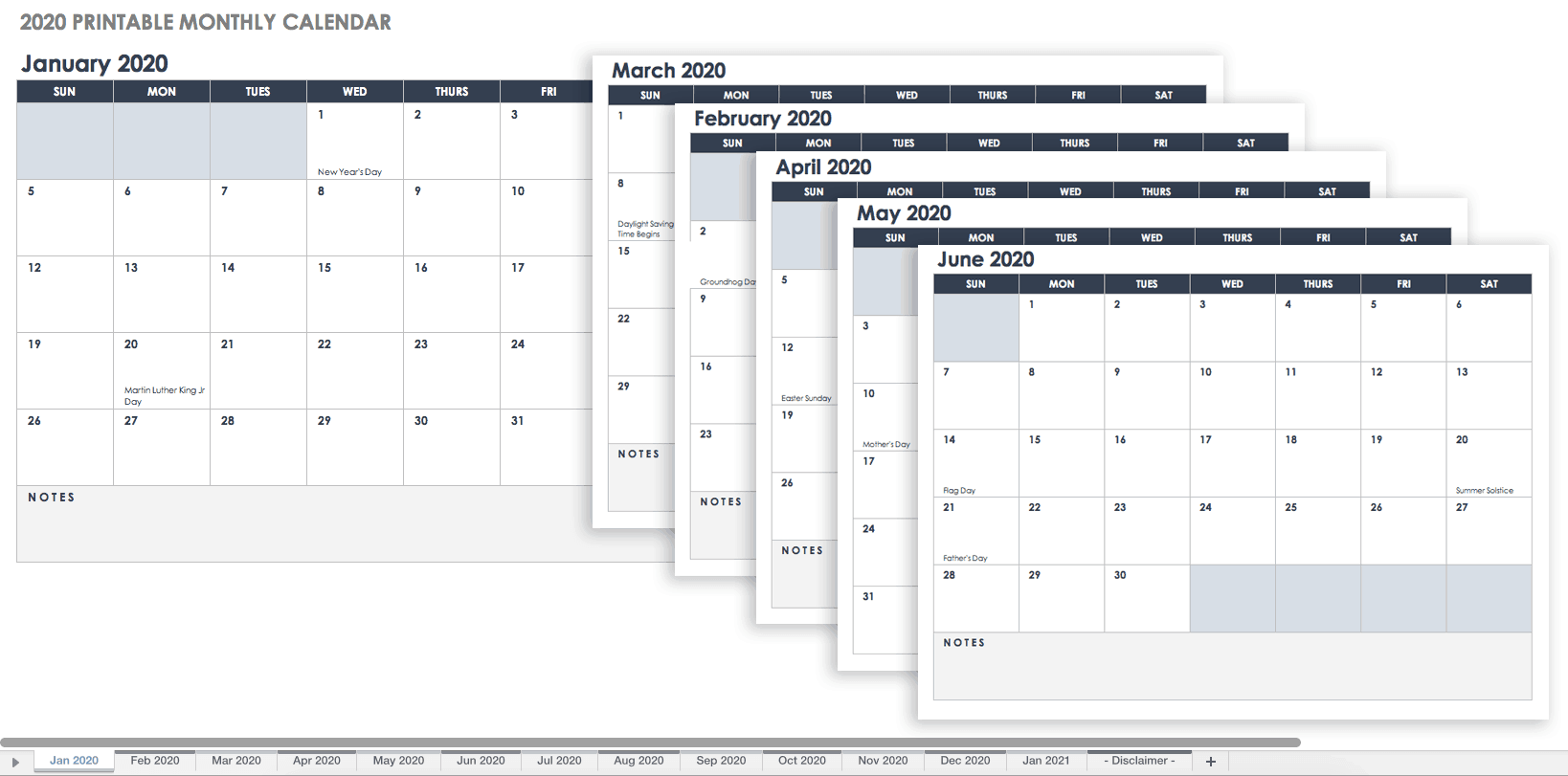 Calendario orizzontale mensile stampabile 2020