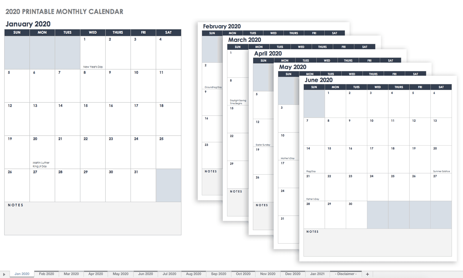 Calendario verticale mensile stampabile 2020