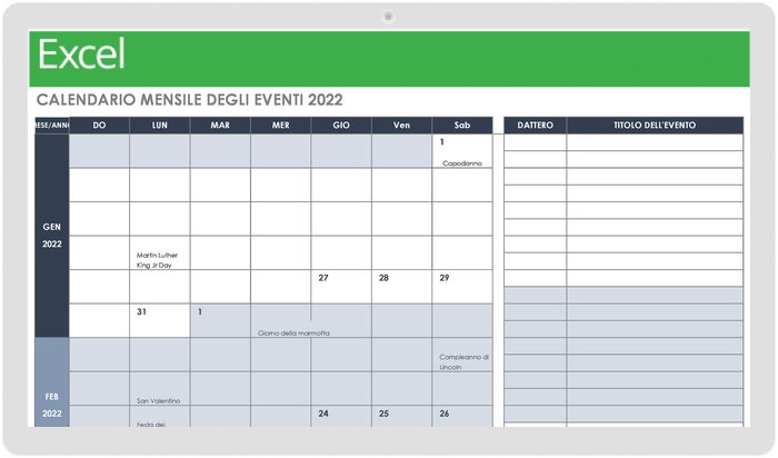 Modello di calendario mensile degli eventi 2022