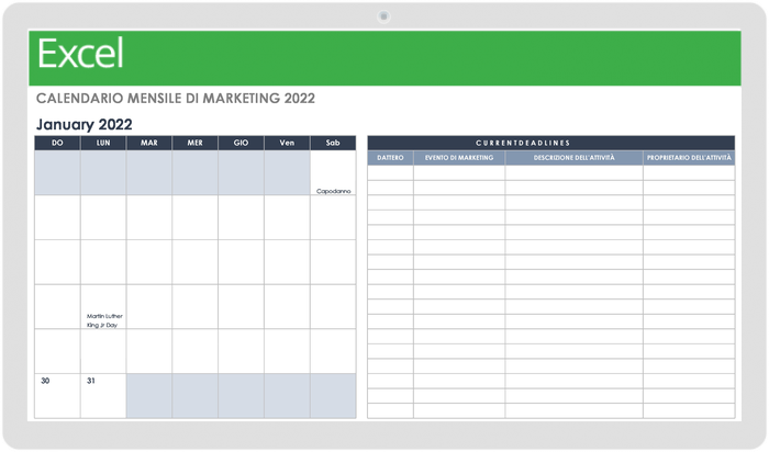 Modello di calendario di marketing mensile 2022