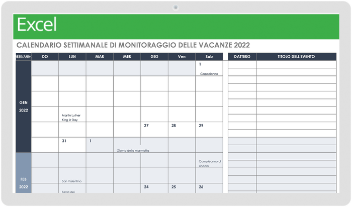  Modello di calendario settimanale per il monitoraggio delle vacanze 2022