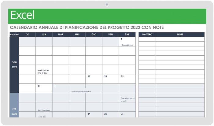  Calendario di pianificazione annuale del progetto 2022 con modello di note
