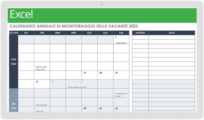 Modello di calendario annuale per il monitoraggio delle vacanze 2022