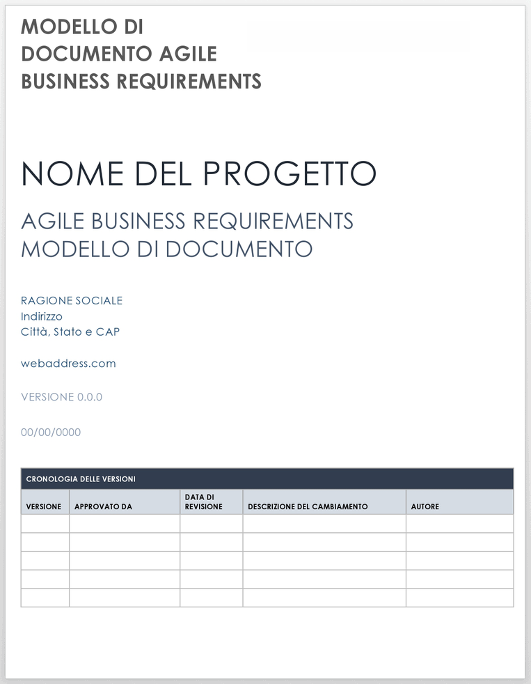 Modello di documento dei requisiti aziendali Agile