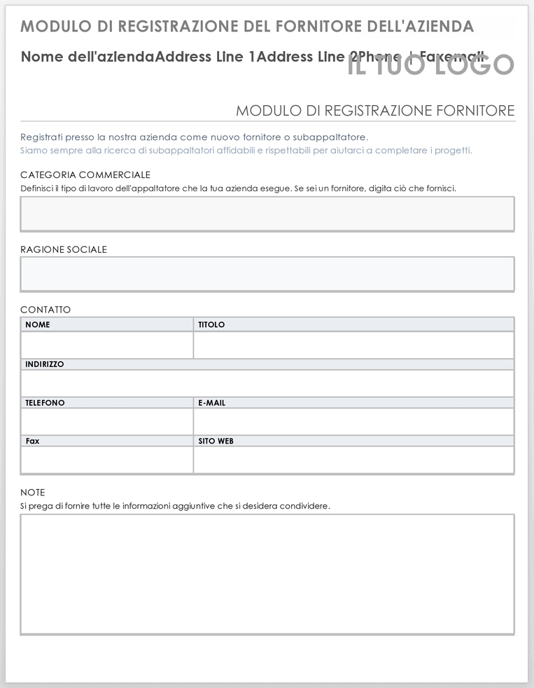 Modulo di registrazione del venditore dell'azienda