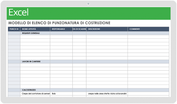 Modello dell'elenco dei punzoni di costruzione