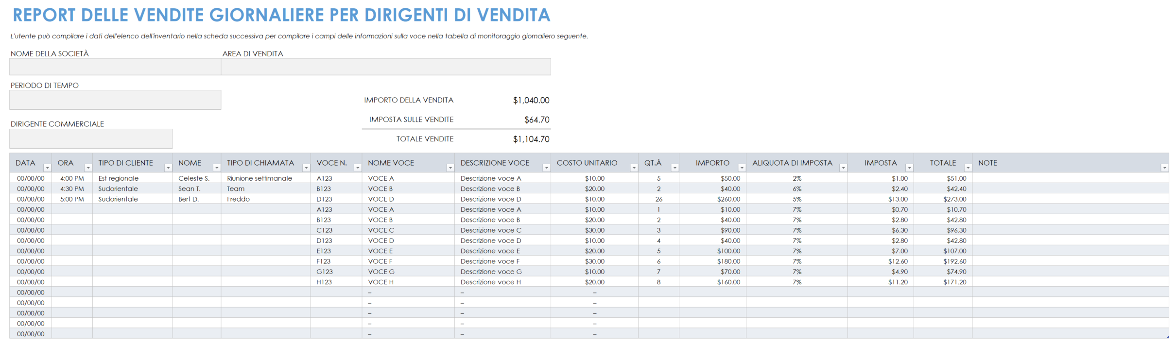 Modello di report giornaliero sulle vendite per dirigenti di vendita