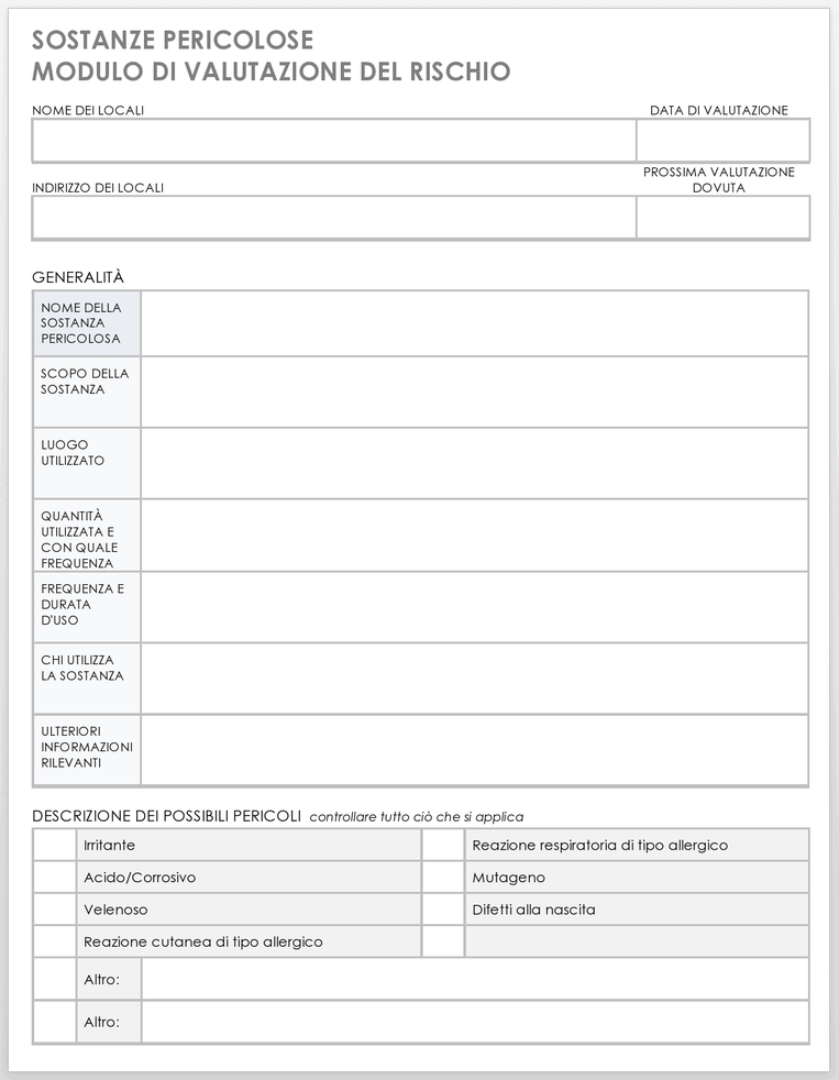 Modello di modulo per la valutazione del rischio di sostanze pericolose