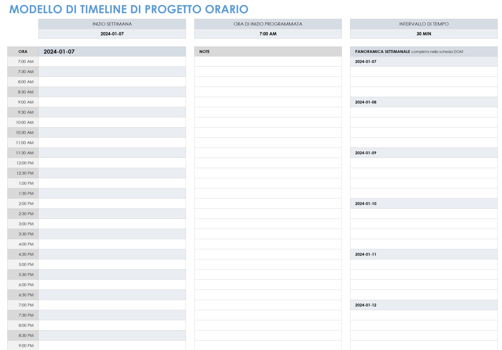 Modello di timeline di progetto orario per modello Excel