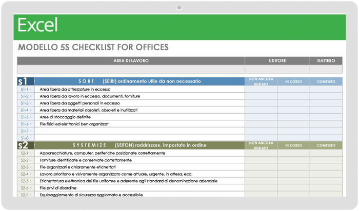 Modello di lista di controllo Lean Project Management 5S per uffici
