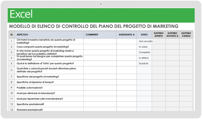 Modello di elenco di controllo del piano di progetto di marketing