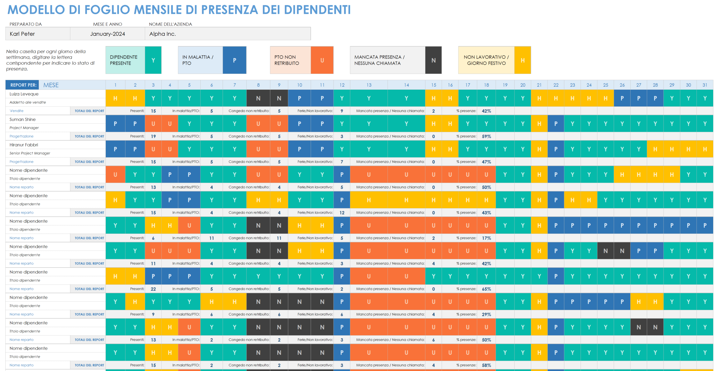 Modello di foglio presenze mensile dei dipendenti