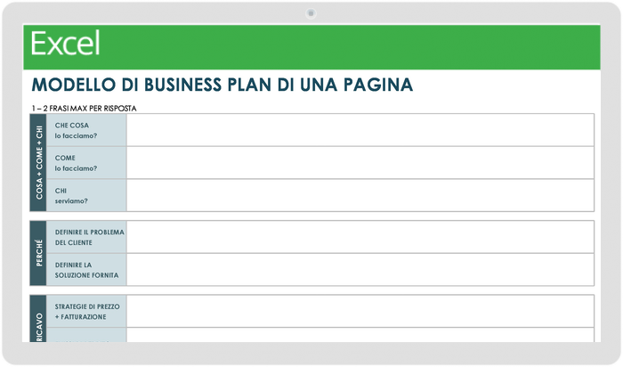  Modello di piano aziendale di una pagina