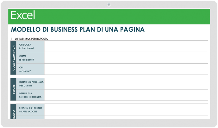 Modello di business plan di una pagina