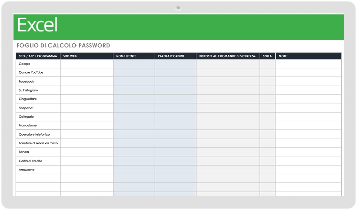  Modello di foglio di calcolo con password