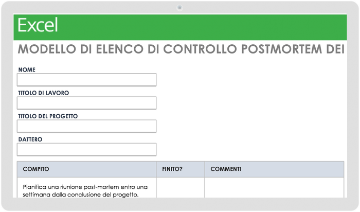 Modello di lista di controllo post mortem del progetto