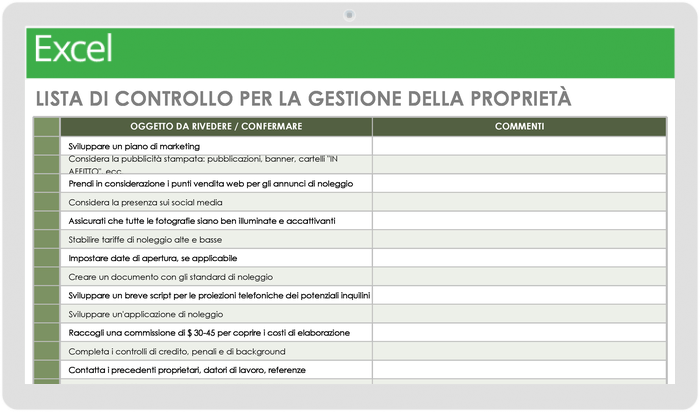  Modello di elenco di controllo per la gestione della proprietà