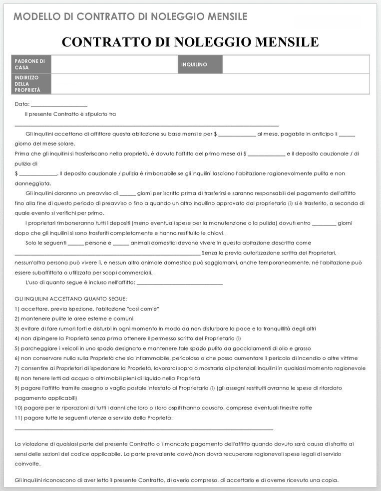  Modello di contratto di affitto da mese a mese per la gestione della proprietà