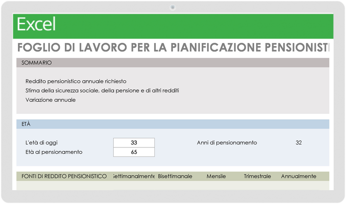 Modello di foglio di lavoro per la pianificazione della pensione