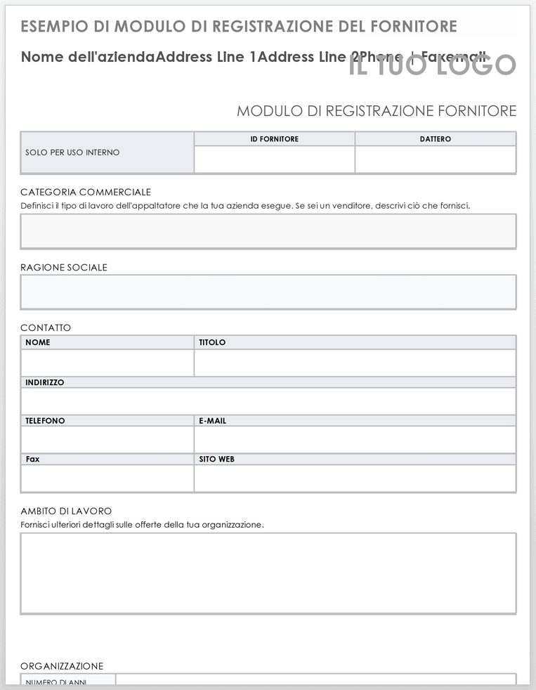 Esempio di modulo di registrazione del fornitore