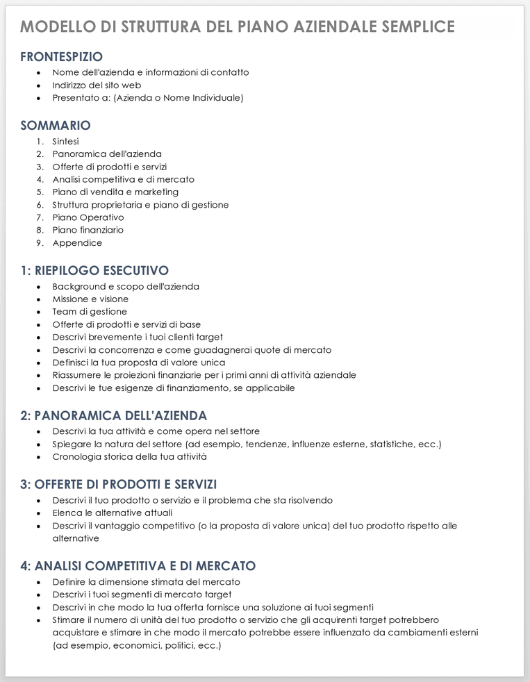 esempio business plan startup pdf