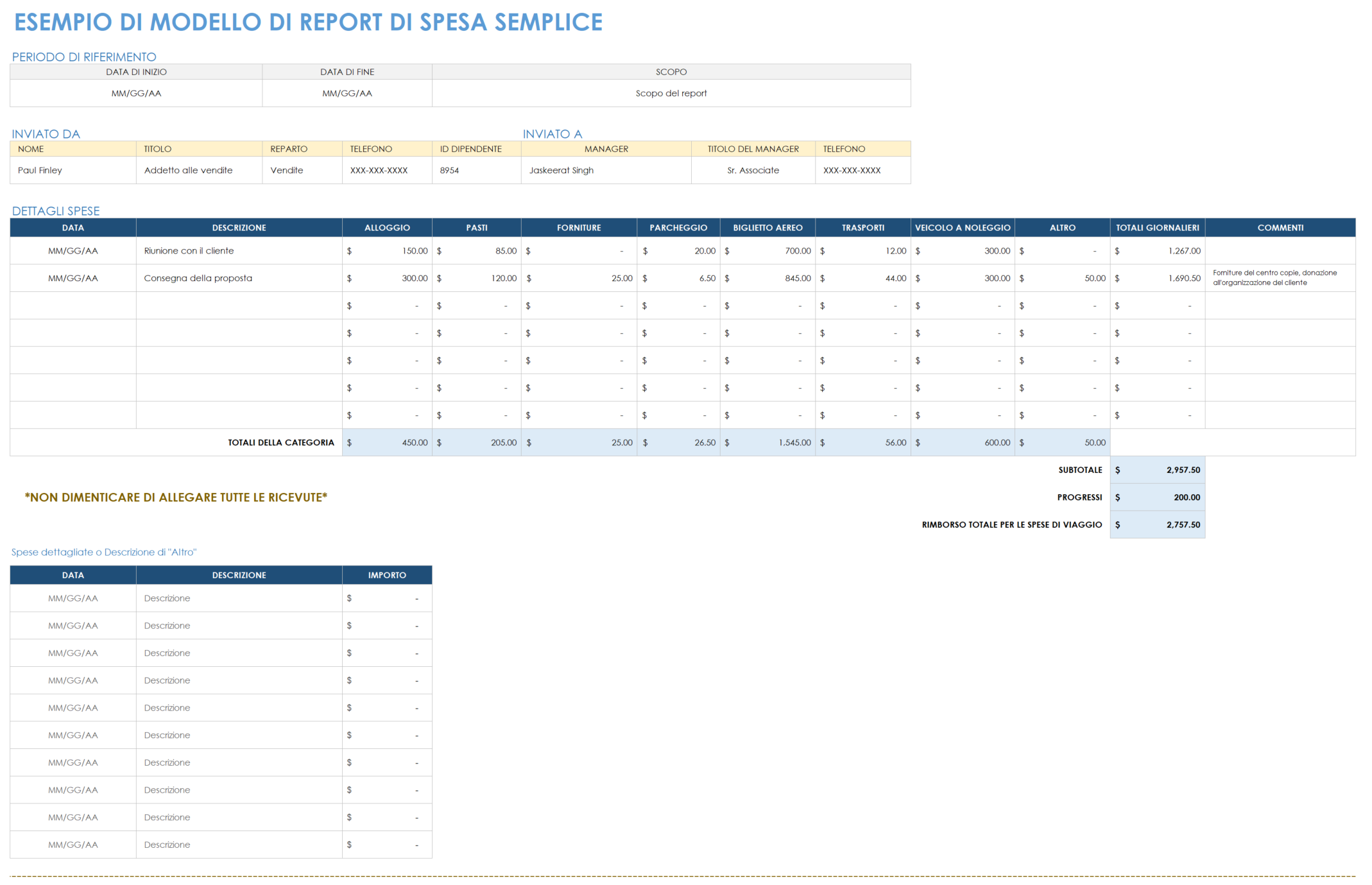  Modello di esempio di report di spesa semplice