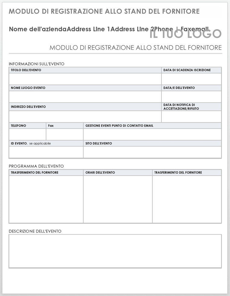 Modulo di registrazione dello stand del venditore