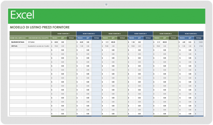 Modello di listino prezzi fornitore