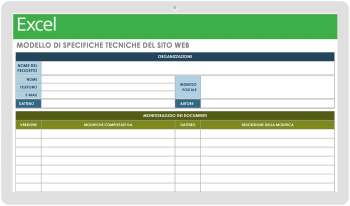 Specifiche tecniche del sito web