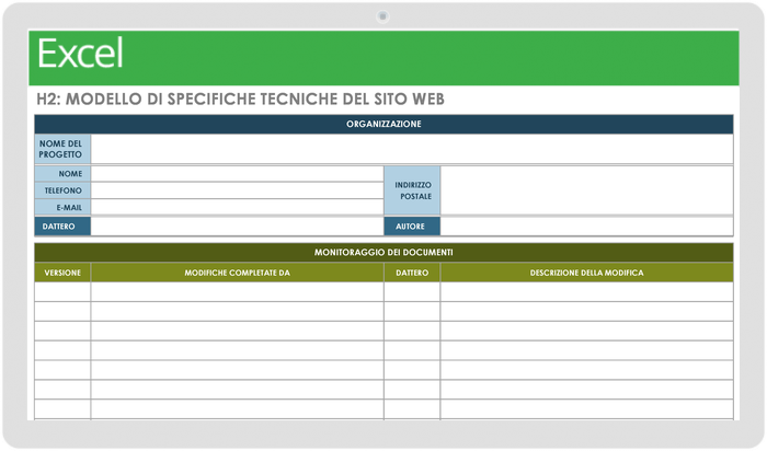 Modello di specifiche tecniche del sito web