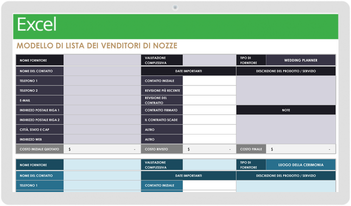 Modello per elenco fornitori di nozze