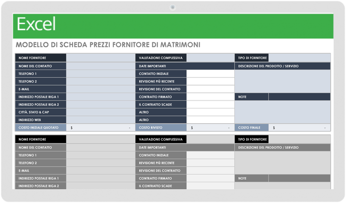 Modello di scheda prezzo fornitore matrimonio