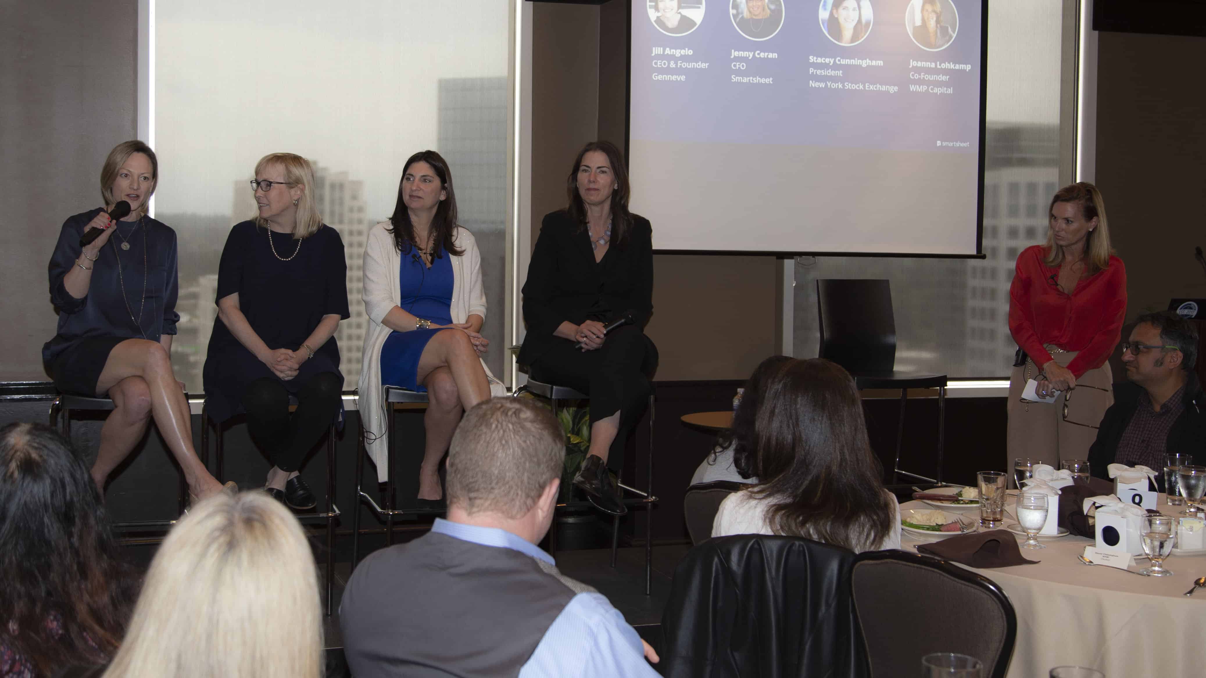 CEO Jill Angelo, CFO Jenny Ceran, President of the NYSE Stacey Cunningham, and Joanna Lohkamp on women in leadership panel discussion, hosted by Smartsheet