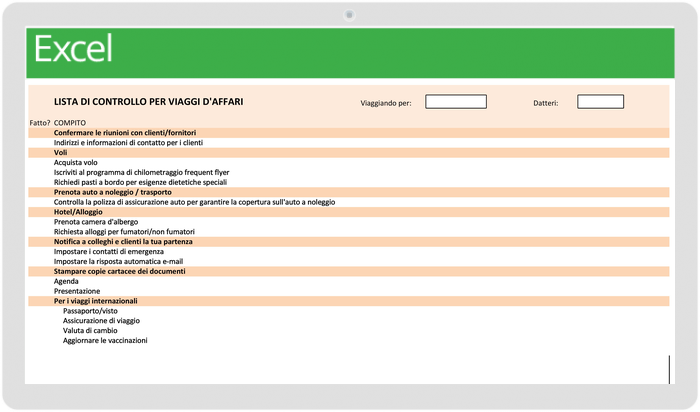 modello di lista di controllo per viaggi d'affari